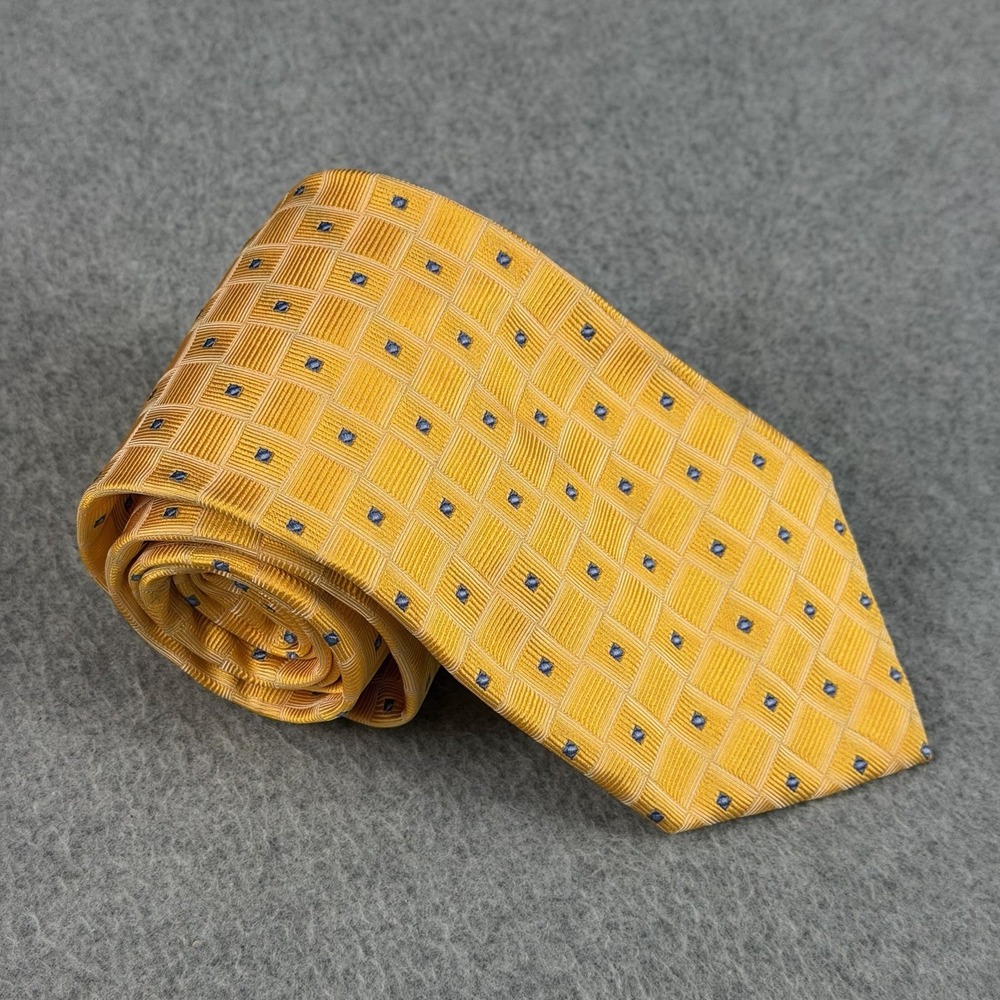Gladson Italy Gold Blue Geometric Check Silk Men's Neck Tie Wide 59x3.6"